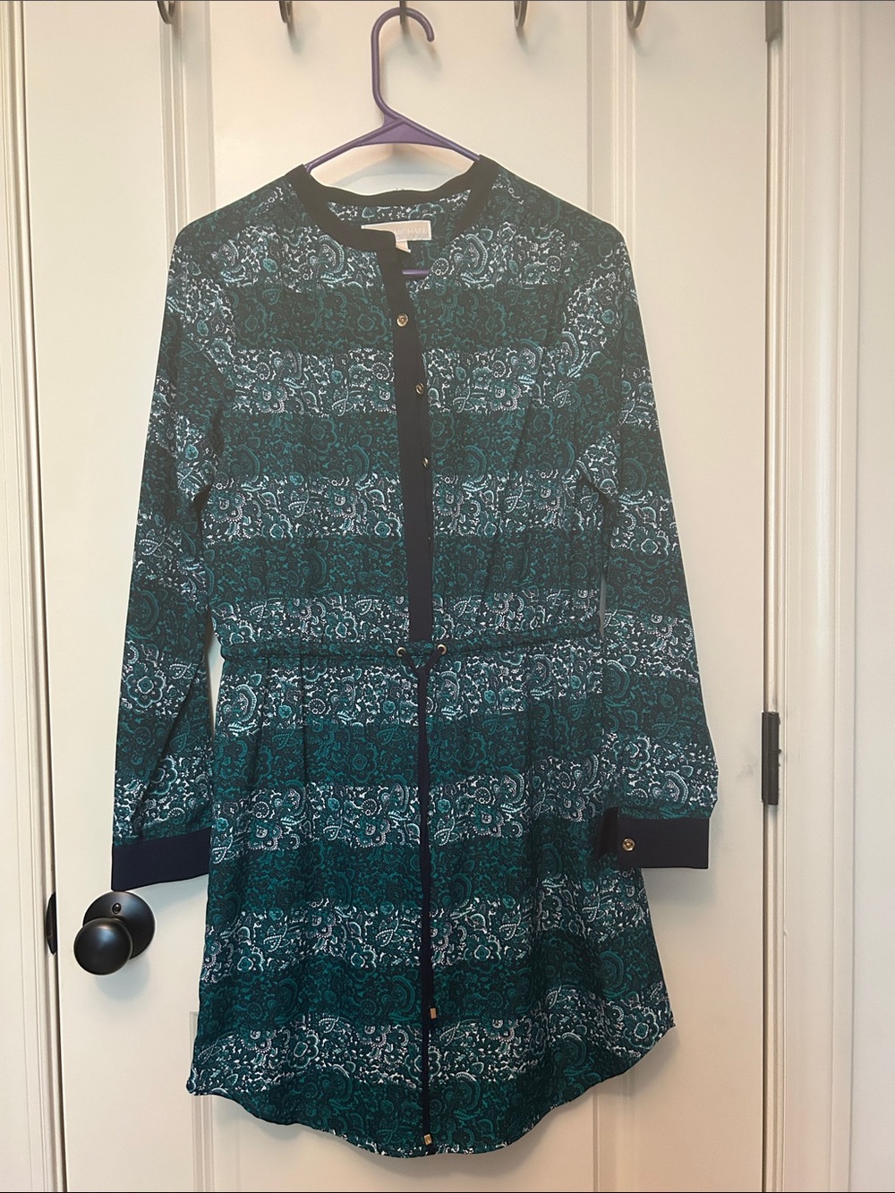 Michael Kors Teal and Navy Patterned Long-Sleeve Shirt Dress
